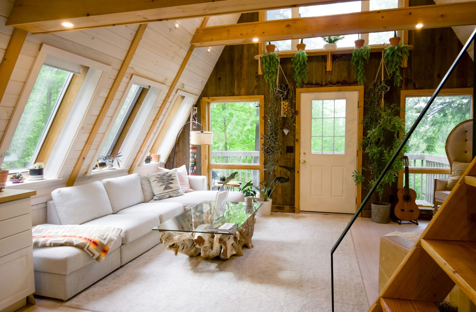 The loft under the skylights, door onto the deck