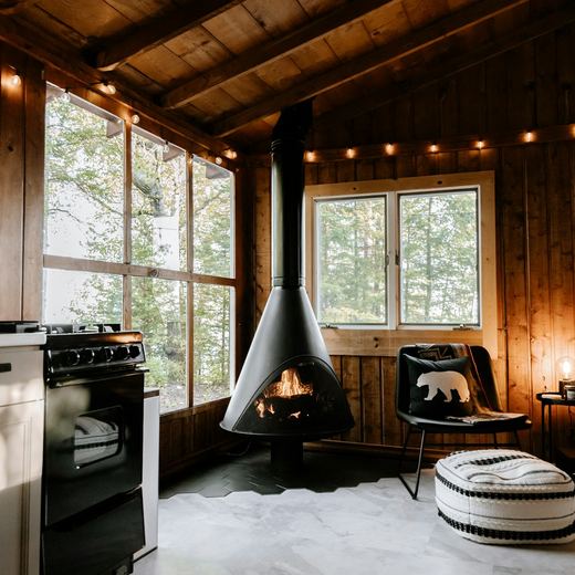 The main room — suspended wood stove, windows into the oaks