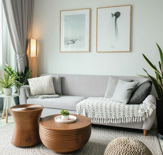 The sitting corner, plants and framed prints on a pale wall