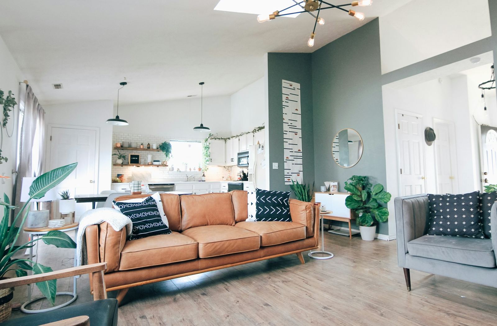 The open-plan living and kitchen end